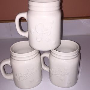 White Pottery Mason Look Mugs: Joy, Love, Believe